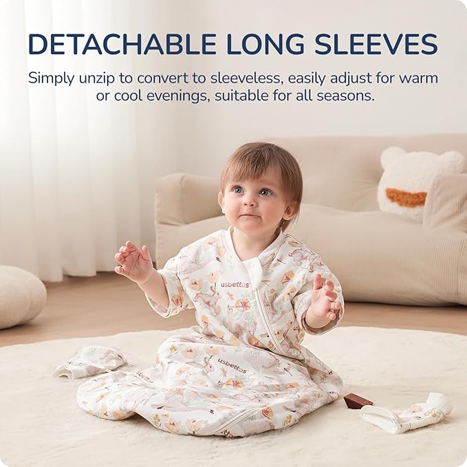 Baby Sleep Sack 18–24 Months, Cotton Sleep Sack with Detachable Long Sleeves, 1.0 TOG Wearable Blanket for Cooler Nights, 2-Way Zipper Toddler Sleeping Sack with Temperature Strip, Floral