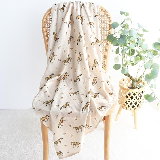 LifeTree Baby Swaddle Blankets, Muslin Swaddle Blankets Boys Girls Swaddling Wrap Receiving Blanket for Newborn, 70% Viscose Bamboo and 30% Cotton, Large 47" x 47", Horse Pattern