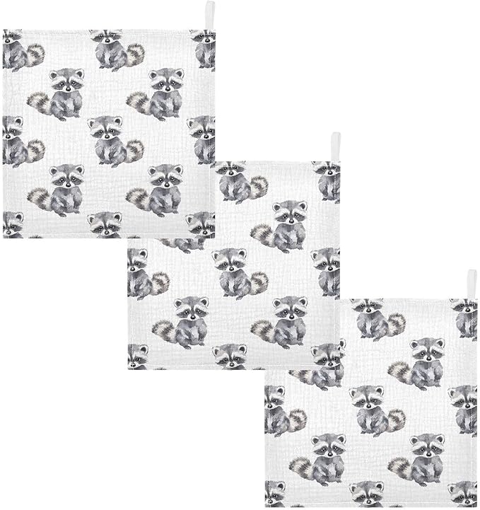 vvfelixl Little Raccoon Baby Burp Cloths Baby Muslin Washcloths for Boys Girls Cotton Babys Face Towel for Newborn Infants Soft and Absorbent 11.8 X 11.8 in, 5 Pack