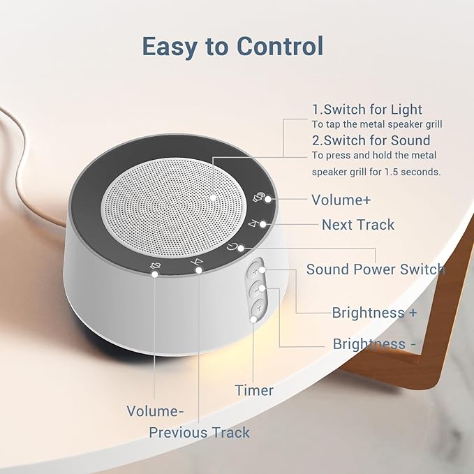 BGOVERSS White Noise Sound Machine with 20 Soothing Sounds, 10 Colors Night Light Sleep Machines Home Office Travel, 5 Timers and Memory Feature Sound Machine for Nursery Baby Kids Adults (Grey)