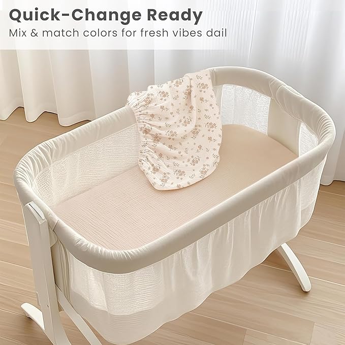 Konssy Muslin Fitted Bassinet Sheets 2 Pack for Baby Girl Boy, Soft Bedside Sleeper Bassinet Sheets Fit for Baby Bassinets, Moses Basket Oval Rectangle Pad/Mattress