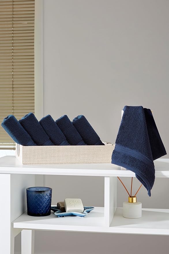 Ozdilek 6-Piece Washcloth Set 13x13 100% Turkish Cotton, 600 GSM, Soft, Gentle on Sensitive Skin, Multi-Purpose Use, Washable, Reusable, Ideal for Baby Care & Spa 6 Towels (Navy Blue)