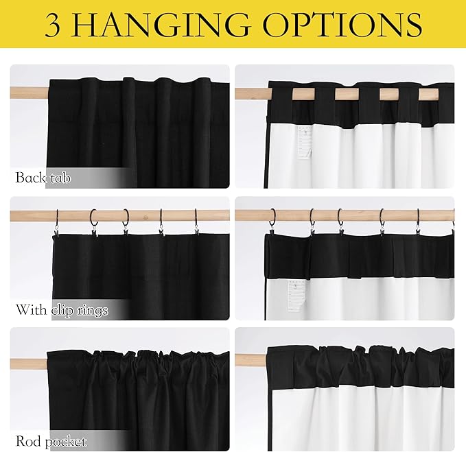 NICETOWN Vintage Rod Pocket Flax Thermal Curtains, 100% Blackout Curtains 84" Long for Dining Room, Soundproof Window Treatment Drapes for Hall Room, Black, 52" Wide Per Panel, Set of 2