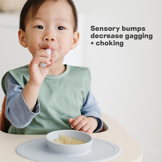 ezpz Tiny Spoon (2 Pack in Blue) - 6 Months+ - 100% Silicone Spoon for Baby Led Weaning + Purees - Designed by a Pediatric Feeding Specialist - Shower Essentials & Gifts