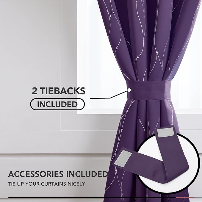 Deconovo Blackout Curtains 95 Inches Long, Purple Blackout Curtain with Silver Wave Dots Print Pattern, Thermal Insulated Soundproof Drapes for Sliding Glass Door Patio Living Room Bedroom, Set of 2