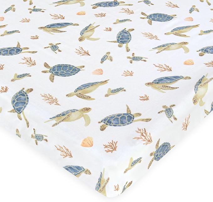 LifeTree Crib Sheets for Baby Unisex - Muslin Fitted Crib Sheets Toddler Bed Sheet, 70% Viscose from Bamboo and 30% Cotton, Fits Mini Crib & Pack and Play Playard, Sea Turtle, 26in x 38in