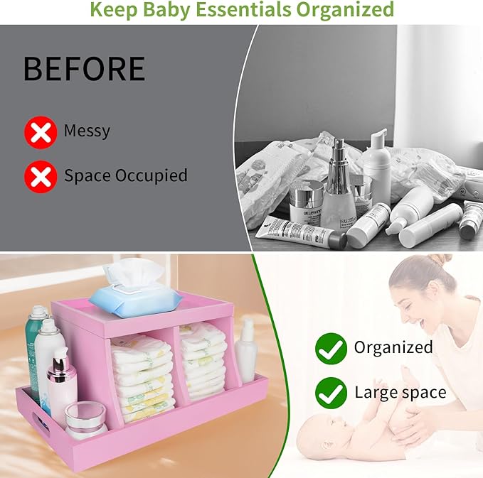 Diaper Caddy Organizer, Changing Table Organizer, Wooden Diaper Organizer for Nursery, Baby Diaper Storage Organizer with Removable Dividers (Pink, Rectangular Size)