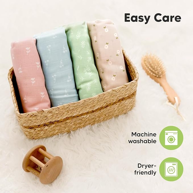 4-Pack Muslin Swaddle Blankets for Boys, Girls - Organic Baby Swaddles for Newborns, Soft & Breathable Receiving Baby Blankets for Girl, Boy, Neutral, Newborn Essentials Gift (Bloom)