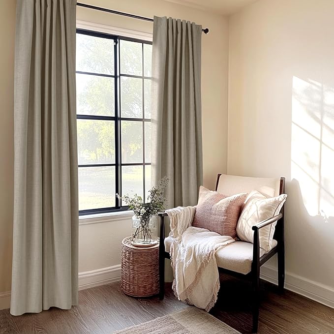100% Blackout Shield Linen Blackout Curtains for Bedroom 90 Inches Long, Back Tab/Rod Pocket Living Room Drapes, Thermal Insulated Blackout Curtains 2 Panels Set, 50" W x 90" L, Faux Linen