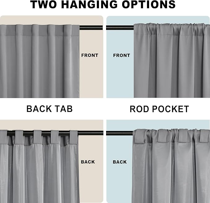 XWZO 100% Blackout Curtains with Tiebacks- Heat and Light Blocking Rod Pocket & Back Tab Window Drapes with Black Liner Backing for Bedroom/Kid's Room, Light Grey, W52 x L108, Set of 2 Panels