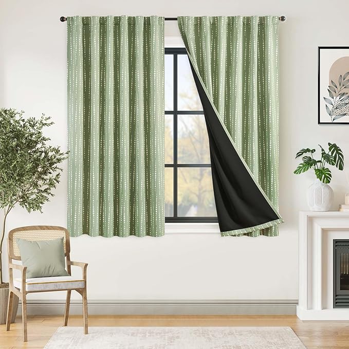 jinchan 95% Blackout Bohemian Moon Phase Print Bedroom Curtains 63 inch Length sage Green Pole Mouth Rear Label Heat Insulated Curtains for Nursery Curtain Set 2 Panels