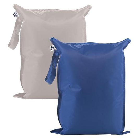 Tiny Twinkle Mess Proof Wet Bags | 2-Pack Reusable Waterproof Wet Bags for Swimsuits | Baby Clothes | Travel & Diaper Bag (Grey, Indigo)