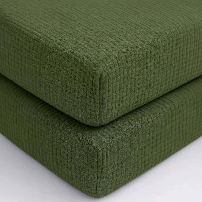 PET REJOIR 2 Pack Olive Green Muslin Crib Sheets for Boys & Girl- Neutral Breathable Cotton Crib Mattress Sheets Fitted for Standard 28"x 52"- Nursery Décor No Slip Crib Bed Sheets