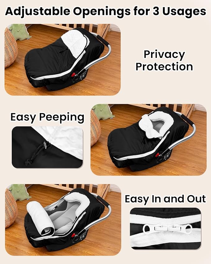 TinyPalsa Winter Baby Carseat Cover, Warm Cozy Infant Car Seat Covers with Plush Lining for Cold Weather, Waterproof Carseat Canopy with Adjustable Collar, Universal Fit for Boys & Girls (Black)