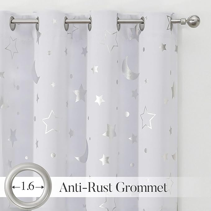 WUBODTI Grey White 100% Blackout Patterned Star Curtains 63 Inch Length for Kids Bedroom Nursery, Cute Baby Short Curtains Silver Star and Moon Galaxy Thermal Insulated Drapes, 2 Panel Sets