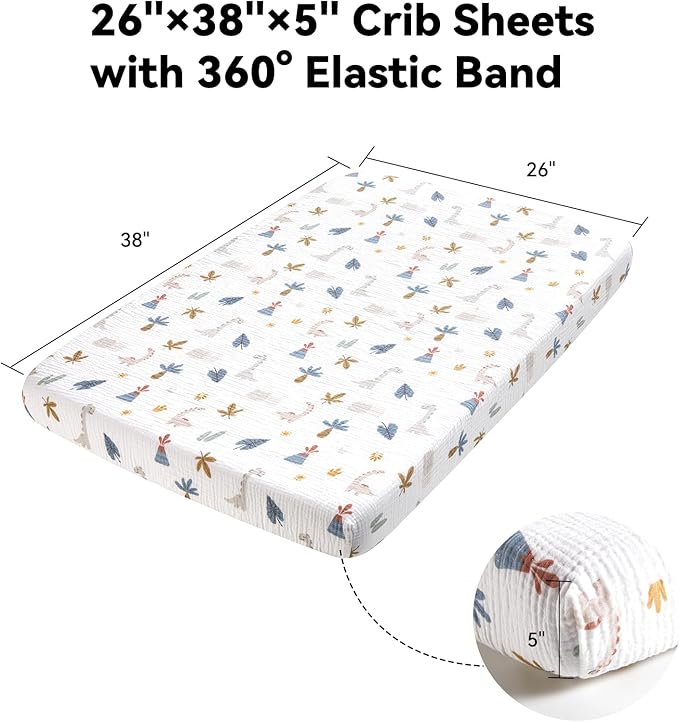 TILLYOU Muslin Mini Crib Sheets 2 Pack, Pack and Play Mattress Sheets Fitted for Pack N Play, 38 x 26 Sheet for Toddler, Dinosaur
