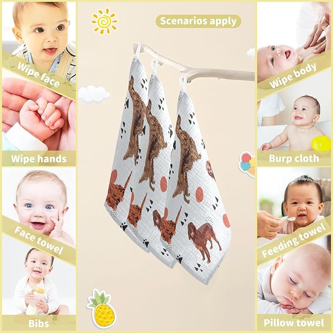 vvfelixl Baby Muslin Washcloths Irish Setter Dog Pattern Baby Burp Cloths Cotton Baby Face Towel for Newborn Infants Boys Girls Soft and Absorbent 11.8 X 11.8 in, 3 Pack
