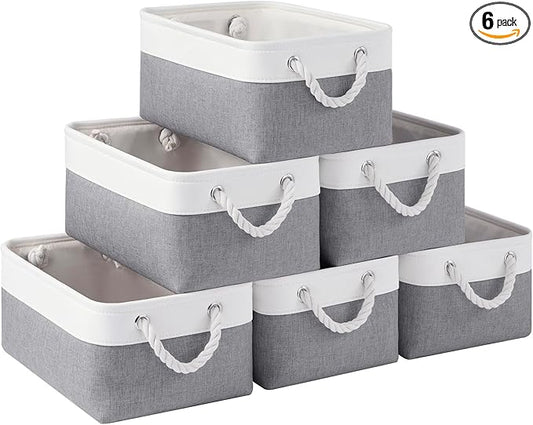 Storage Baskets for Shelves 13.8x9.8x6.7 Inch, Foldable Fabric Storage Bins with Handles, Small Storage Baskets for Organizing Closet, Office, Home Organization (6-Pack, White&Gray)