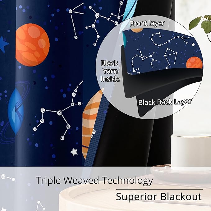 Kids Space Constellation Planets Blackout Curtains - 100% Blackout, Thermal Insulated, Noise Reducing, Perfect for Kids Room and Nursery, 2 Panels (Constellation Planets, W52×L84)