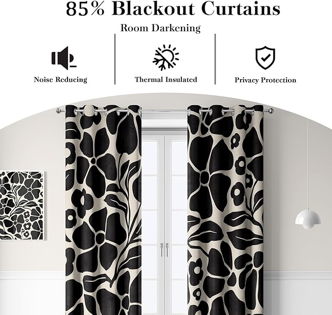 Boho Abstract Vintage Floral Blackout Curtains，Black Retro Flower Leaves Aesthetic Plant Window Drapes，Living Room Bedroom Decor 2 Panels 52x84 Inch