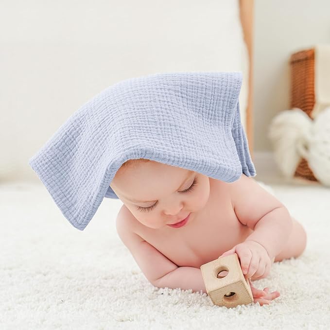 Bearmoss 6 Pack Muslin Burp Cloths and Baby Washcloths, 23.6" X 23.6" 100% Cotton Absorbent Large Baby Burping Cloths for Boy, Girl, Newborn Essentials (Blue)