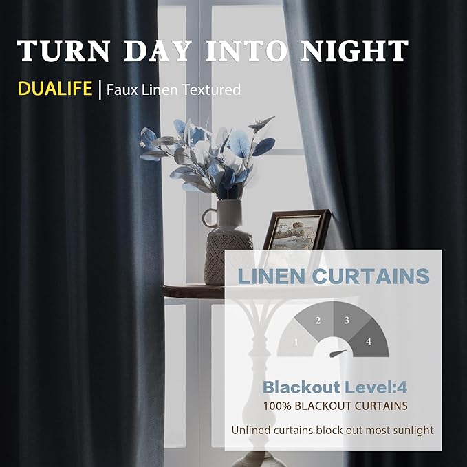 DUALIFE 100% Blackout Curtains 120 Inch Long 10 FT for Large Windows,Pinch Pleated Back Tab Linen Light Blocking Privacy Protect for Dining Room Offices 2 Panels Slate Stone Blue 50x120 Inches