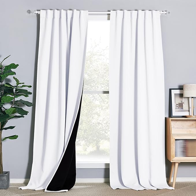 NICETOWN Full Shading Curtains for Windows, Super Heavy-Duty Black Lined Blackout Drapes with Rod Pocket & Back Tab for Bedroom, Privacy Assured Window Treatment (White, Pack of 2, 52" W x 108" L)