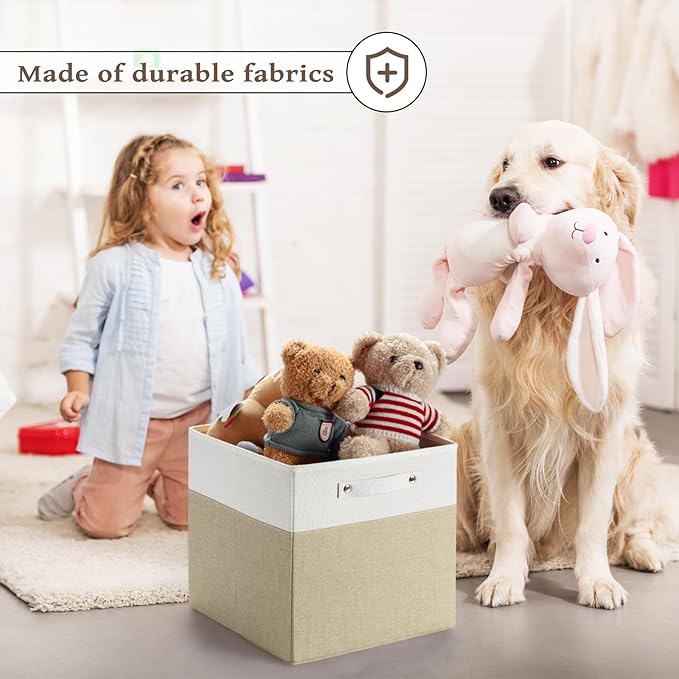 13 x 13 Inch Fine Linen Storage Bins with Handles，Fabric Cube Boxs，Basket Organizers for Shelves for Home, Closet Drawers (White/Khaki-4 Pack)