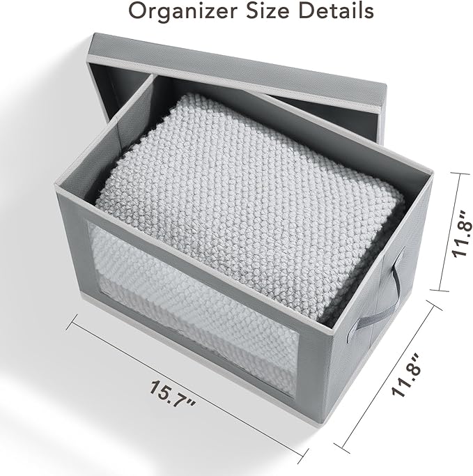 Large Storage Bins with Lids - Stackable Cube Bins for Closet, 5 Pack Clear Windows Fabric Organizer Bins, Home Organizers and Storage for Clothes, CD, Towels, Grey