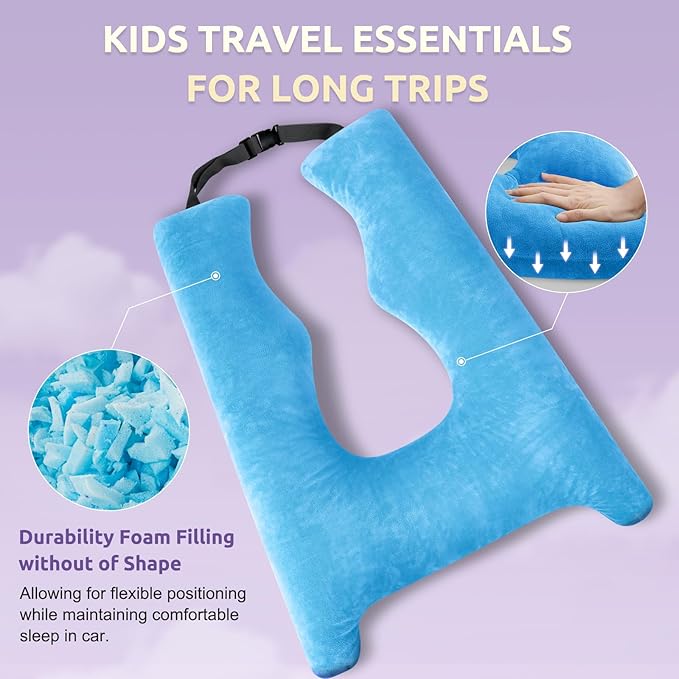Car Pillow for Kids, Travel Pillow with Adjustable Strap, Kids Floor Pillows Cushions for Adults and Children to Support Head and Body Road Trip Essentials (Blue)