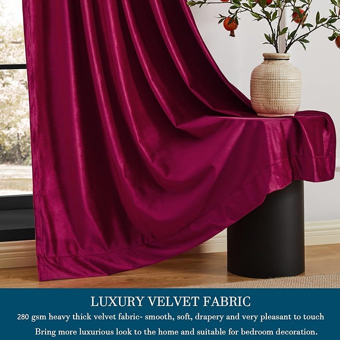 PRIMROSE Red Curtains 120 inch for Living Room Velvet Drapes Blackout Rod Pocket Back Tab Window Treatment Semi Room Darkening Decor Curtains for Bedroom Set of 2 Panels