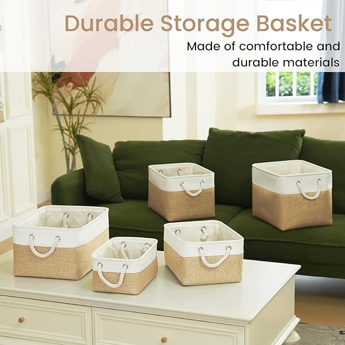 Large Storage Baskets- 15.7x11.8x8.26 inch Storage Bins for Shelves and Closet Organizing, Foldable Fabric Bin for Home Organization Clothes and Laundry (1-Pack, White&Khaki)