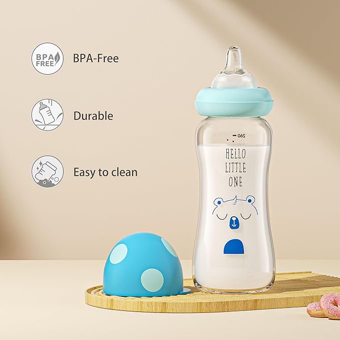 YOHKOH Natural Glass Baby Bottle with Level 2 Medium Flow Nipple, Newborn Anti-Colic Baby Bottles, Wide Neck Mushroom Baby Glass Bottle (8.8ounce (Pack of 2), Blue1)