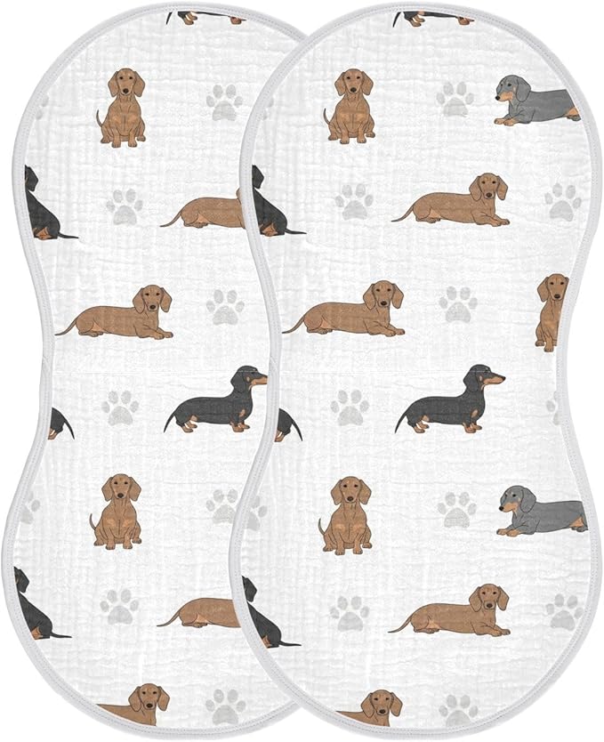 Qinllo 2 Pack Muslin Burp Cloths Dachshund Dogs Paw White Cotton Baby Burp Cloths Soft Burping Cloth Absorbent Spit Up Rags for Baby Boys Girls 22x11 Inch