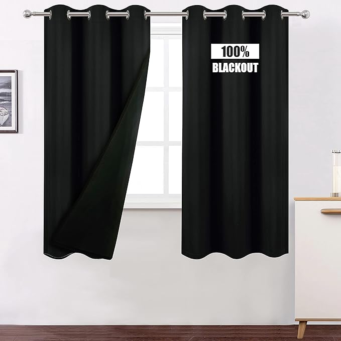 LEMOMO Black Thermal Blackout Curtains/40 x 72 Inch/Set of 2 Panels Room Darkening Curtains for Bedroom and Living Room