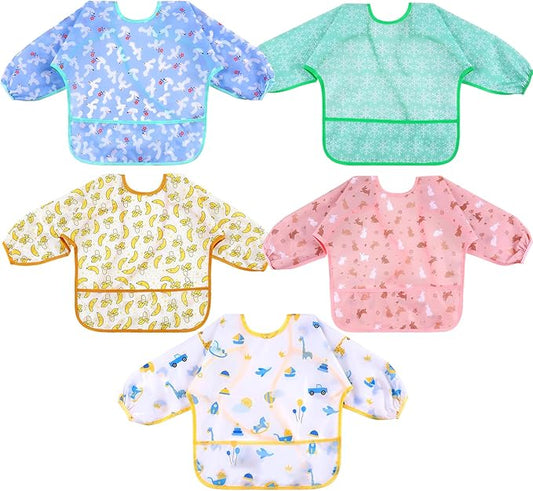 Lictin Long Sleeve Bibs 5 Pack - Baby Bibs, Waterproof Toddler Bibs, Baby Smock for Eating, Baby Bibs for Feeding Teething