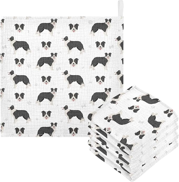 vvfelixl Baby Cotton Washcloths Border Collie Black Infants Bath Towel for Unisex Face Towels for Newborn, Natural Baby Wipes Delicate Skin, 11.8 X 11.8 inch, one sizex3