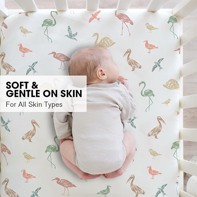 Little Grape Land Crib Sheets for Boys and Girls, 2pk Baby Crib Fitted Sheet for Standard Size Crib and Toddler Mattress, Super Soft Baby Sheet, Wetland Birds