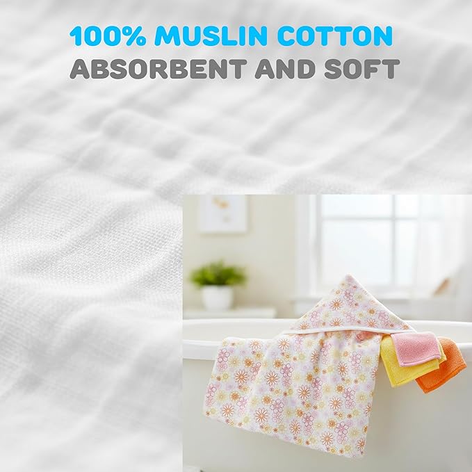 2-Pack Muslin Hooded Baby Towels, 100% Cotton, Towels for Babies, Infants, Toddles, Soft and Absorbent for Boy and Girl, Double Layered Baby Towel With Hood, Babies Muslin Towel Set (Pink Flowers)