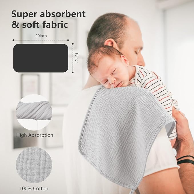 Bearmoss Muslin Burp Cloths, 100% Cotton Baby Burping Clothes, Large Extra Soft Absorbent for Unisex Newborn Boy and Girl, 20x10in, 6 Pack
