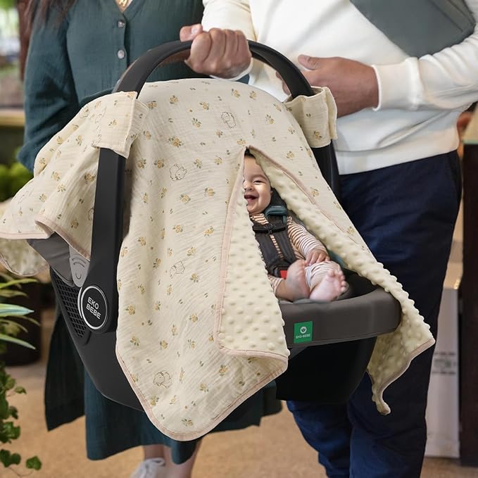 2-in-1 Baby Car Seat Cover, Baby Car Seat Canopy, Mom Nursing Cover，Easy to Install Shield，Multi-Purpose | Winter Warm & Summer Shade Use (Yellow Little Flower)