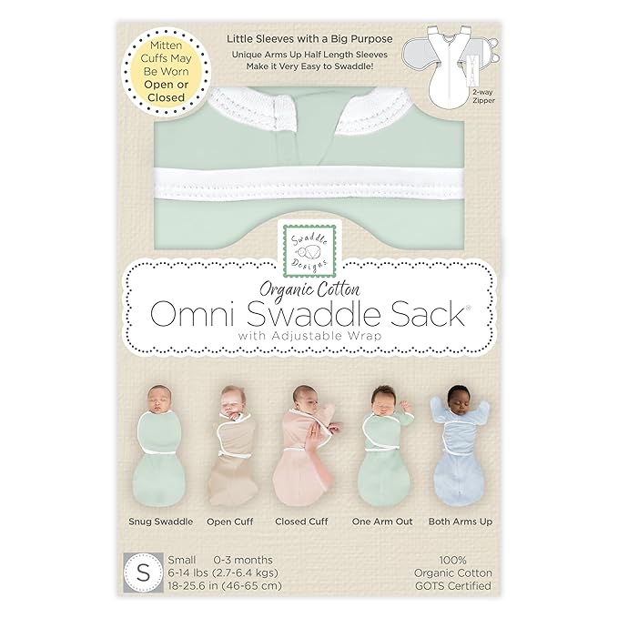 SwaddleDesigns Organic 6-Way Omni Swaddle Sack, Arms Up Swaddle for Newborn, More Options to Calm Startle Reflex, Improves Sleep, Small, 0-3 mo, 6-14 lbs, Soft Jadeite