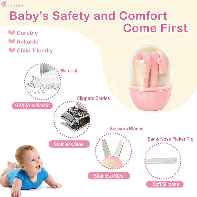5-in-1 Baby Nail Kit with Storage Case, Cactus Theme Design Including Baby Nail Clippers, Nail Scissors, Nail File, Tweezers & Nose Picker, Newborn Essentials Must Haves for Baby Shower(Pink)