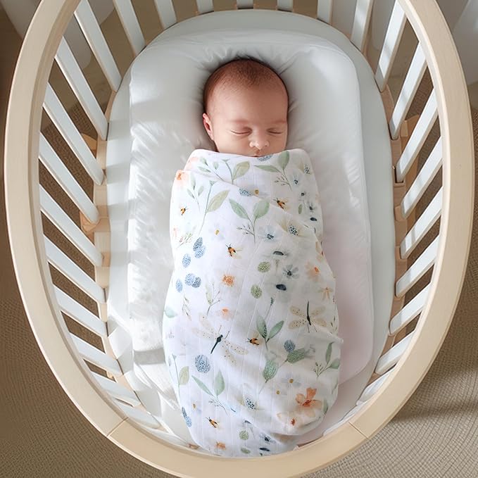 LifeTree Baby Swaddle Blankets, Muslin Swaddle Blankets Boys Girls Swaddling Wrap Receiving Blanket for Newborn, 70% Viscose Bamboo and 30% Cotton, Large 47" x 47", BlueFloral Pattern