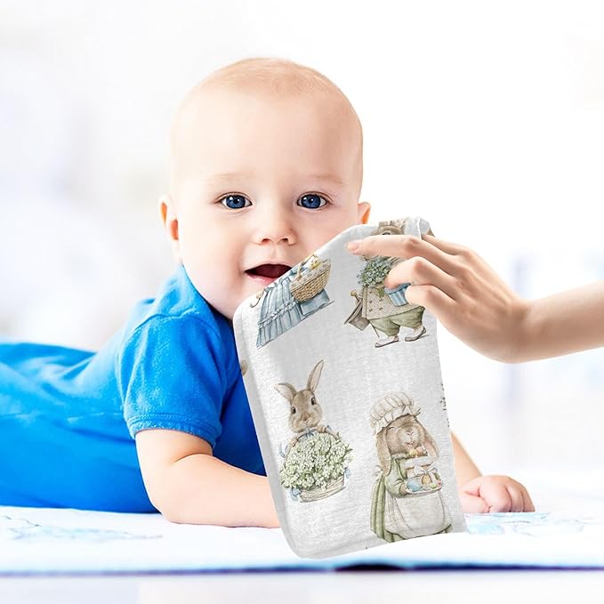 Vvfelixl Muslin Washcloths Easter Rabbits Bunny Baby Burp Cloths Cotton Face Towel for Newborn Infants Boys Girls - Soft and Absorbent 11.8 X 11.8 in, 3 Pack