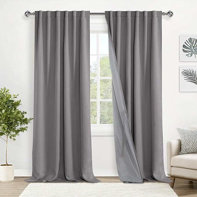 XWZO 100% Blackout Curtains - Extra Long Rod Pocket & Back Tab Thermal Insulated Black Liner, Noise Reducing and Heat Blocking Drapes for Bedroom with Tiebacks, Grey, W52 x L108, Set of 2