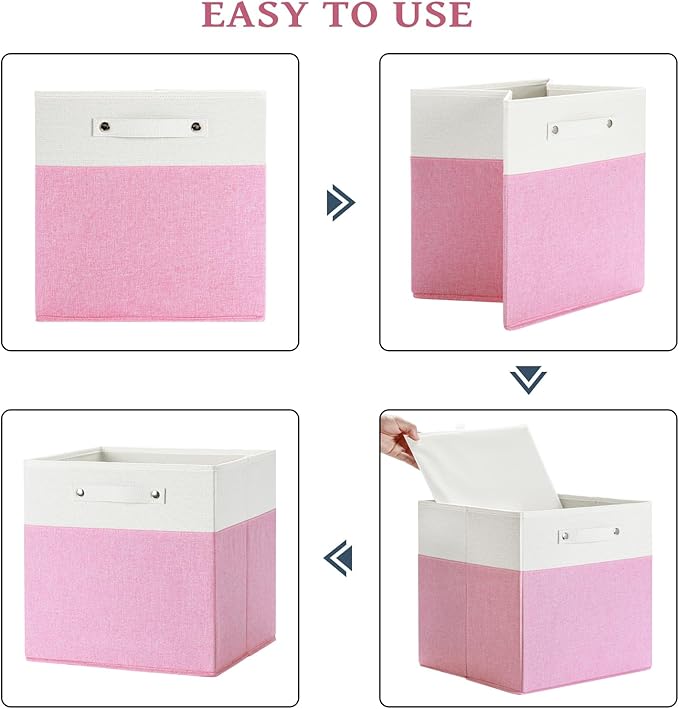 13 x 13 Inch Fine Linen Storage Bins with Handles，Fabric Cube Boxs，Basket Organizers for Shelves for Home, Closet Drawers (White/Pink-4 Pack)