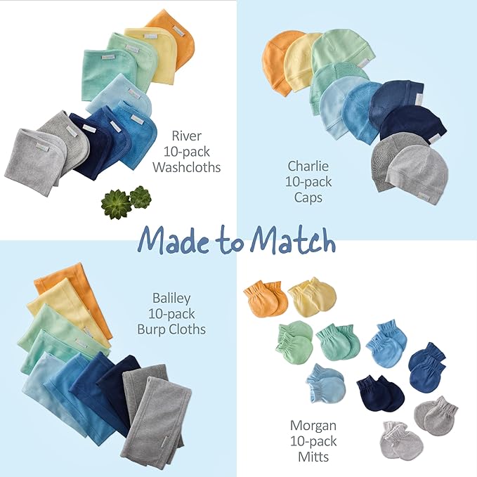 River 10-Pack Baby Terry Washcloths 100% Organic Cotton Absorbent for Baby and Toddler Boys & Girls, Sunny Blue Rainbow, One Size