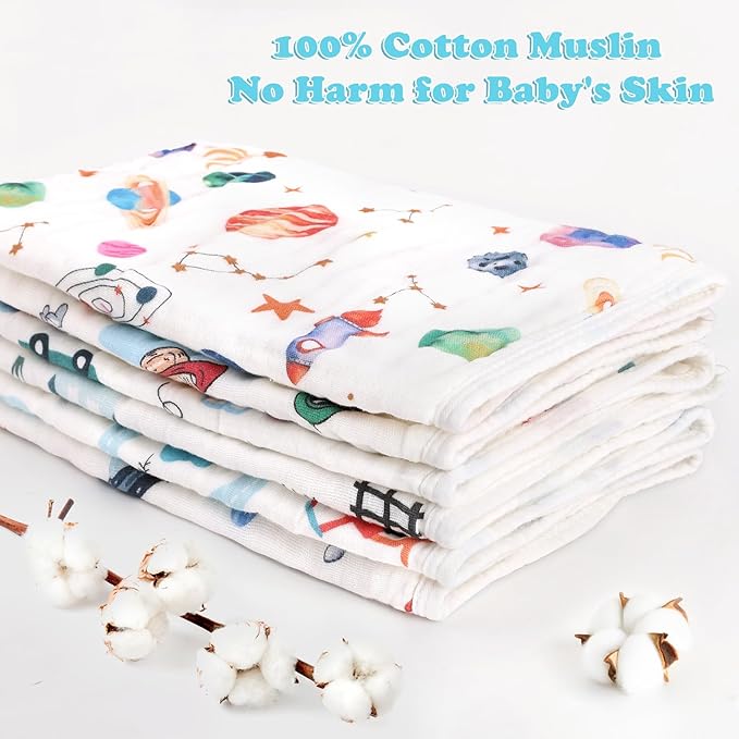 decalsweet Baby Burp Cloths Muslin Washcloths 6 Pack Muslin Burp Cloths 100% Cotton Large 20''x12'' Soft 6 Layers Baby Burp Rags for Boys Girls Baby Essentials for Newborn Gift Machine Washable