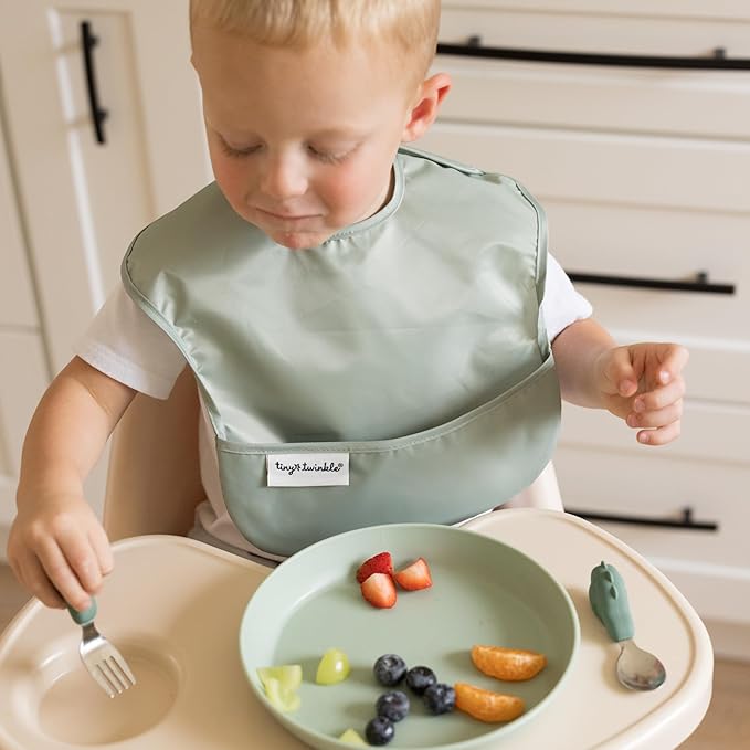 Tiny Twinkle Mess-Proof Baby Bibs for Eating | Waterproof, Wipeable Toddler Bibs with Catch-All Pocket | Feeding Bibs for Girls & Boys(3 Pack,Vintage Cars,Varsity Flags)
